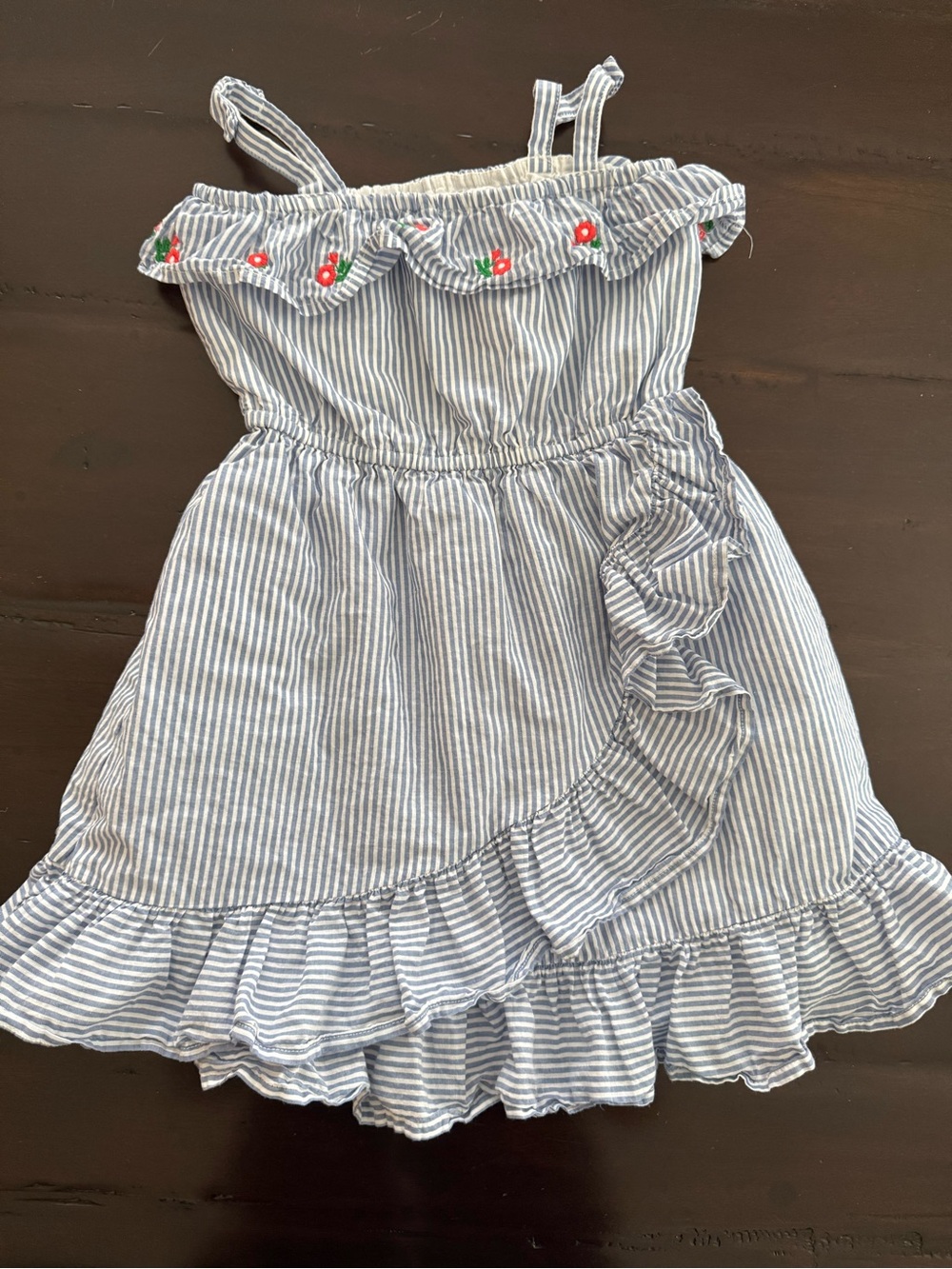 Janie and Jack Blue and White Striped Ruffle Dress with Red Floral design